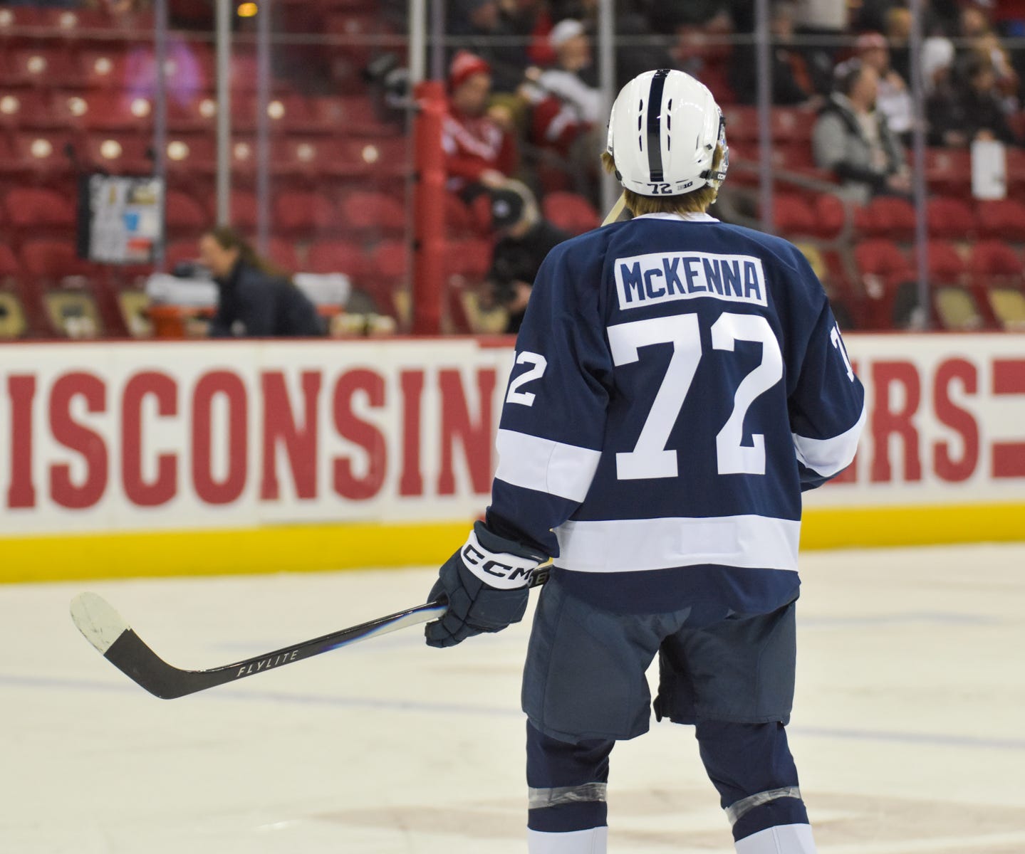Penn State hockey winger Gavin McKenna skates during pregame warmups inside the Kohl Center