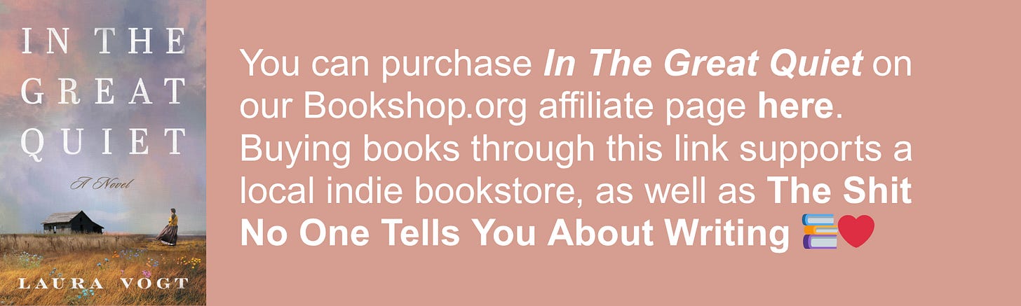 You can purchase In The Great Quiet on our Bookshop.org affiliate page here. Buying books through this link supports a local indie bookstore, as well as The Shit No One Tells You About Writing 📚❤️