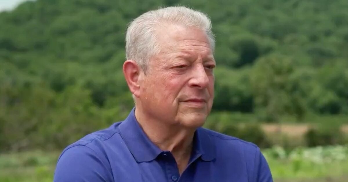 Al Gore is seated outdoors, looking thoughtfully into the distance with a lush green landscape in the background. Al Gore is seated outdoors, looking thoughtfully into the distance with a lush green landscape in the background.