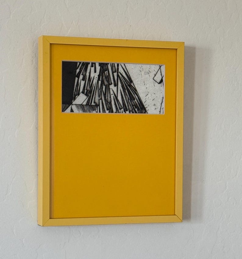 Vintage Original 1970s Abstract Monoprint Framed Art Yellow Metal Frame Custom Mat Artwork Modernist MCM Monotype Art Monochromatic Small image 1