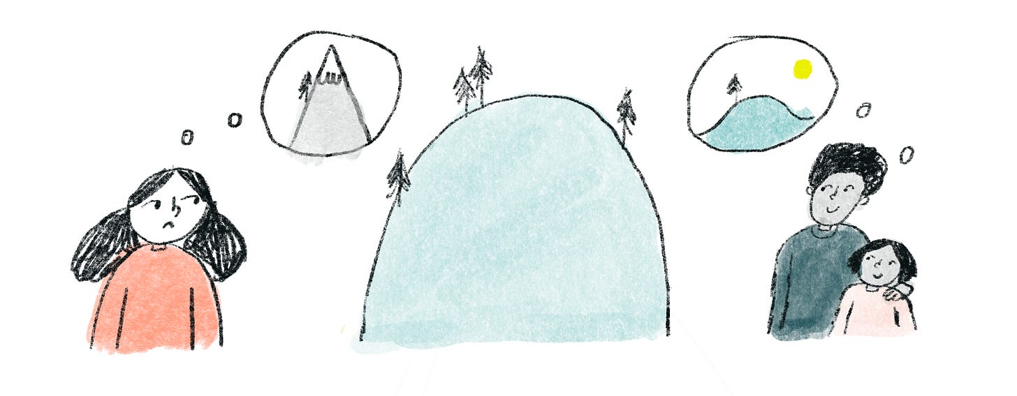 People judging the steepness of a hill on their own and with company. The hill looks like a mountain to the person on their own. 
