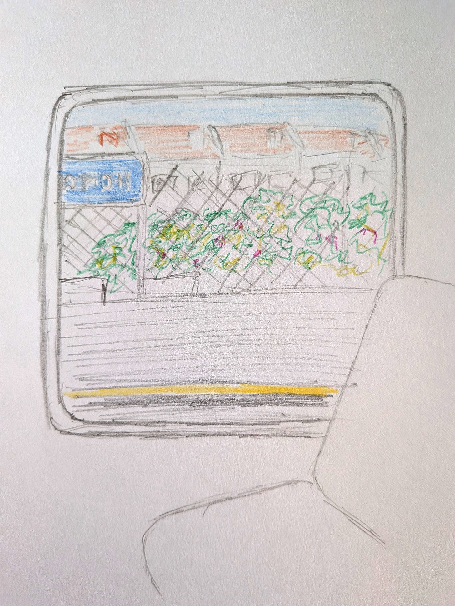 Sketch of a train window, with a view of the platform. In the background, there is a row of terrace houses, partially obscured by some brambles