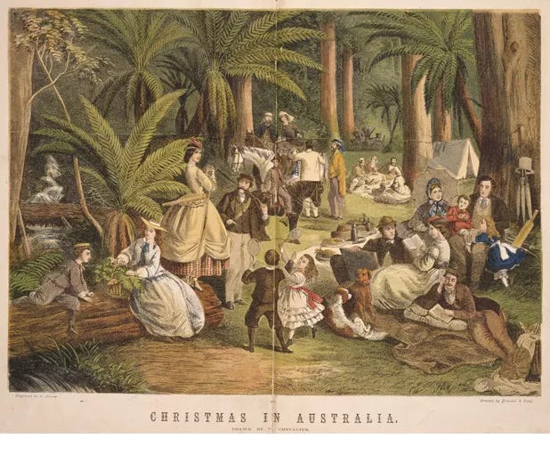 A coloured wood engraving from 1865 showing groups of people picnicking. A coloured wood engraving from 1865 showing groups of people picnicking.