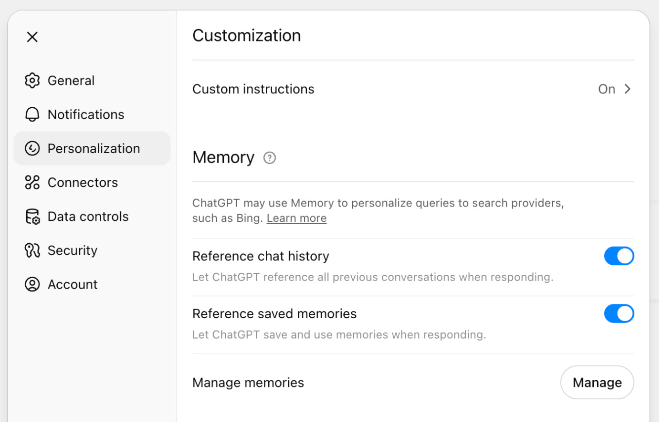 ChatGPT Personalization settings with Memory enabled for Reference chat history and Reference saved memories