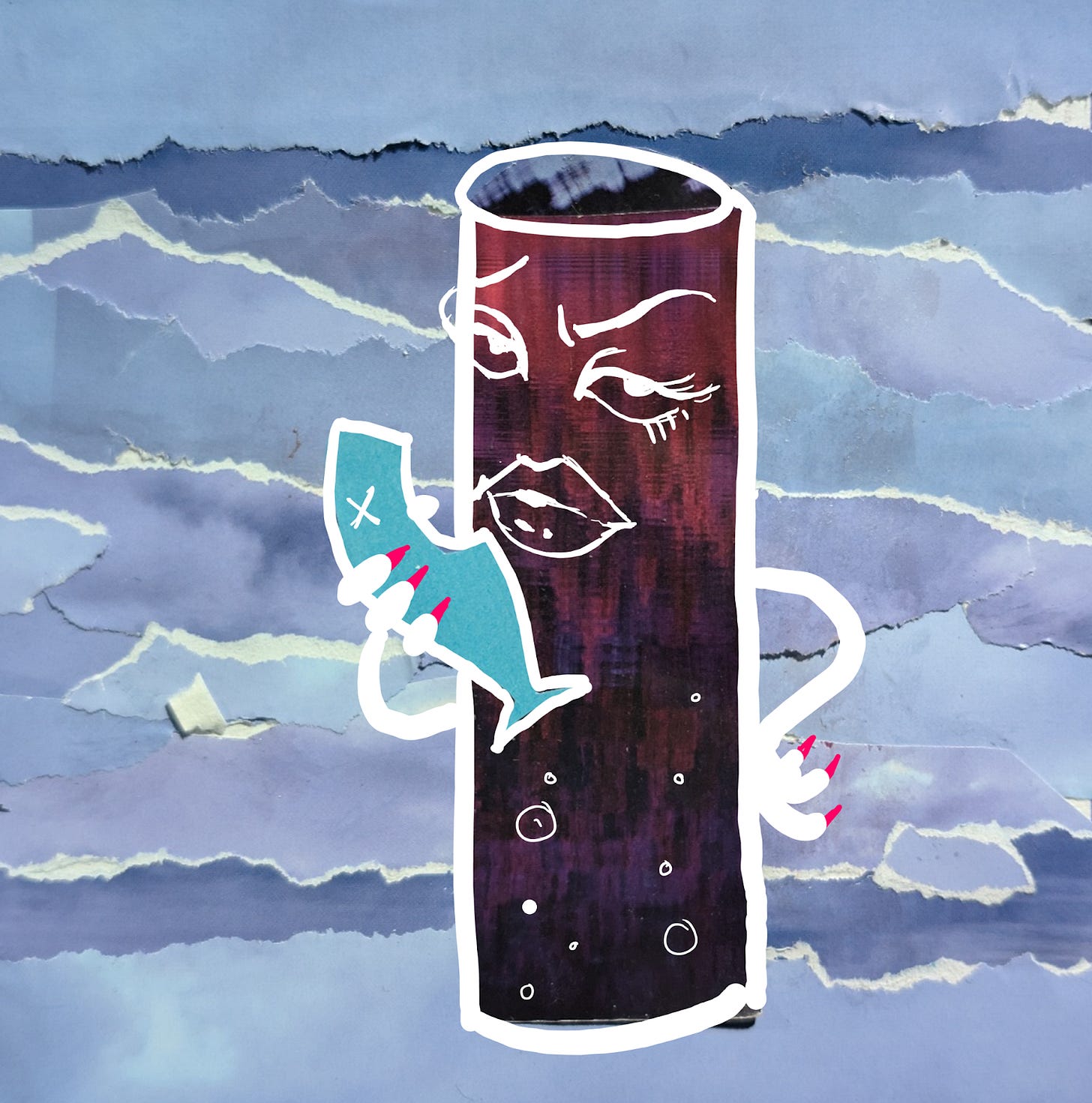 Une meuf coca stylée mange un poisson dans un style mélangeant collage papier et dessin numérique.