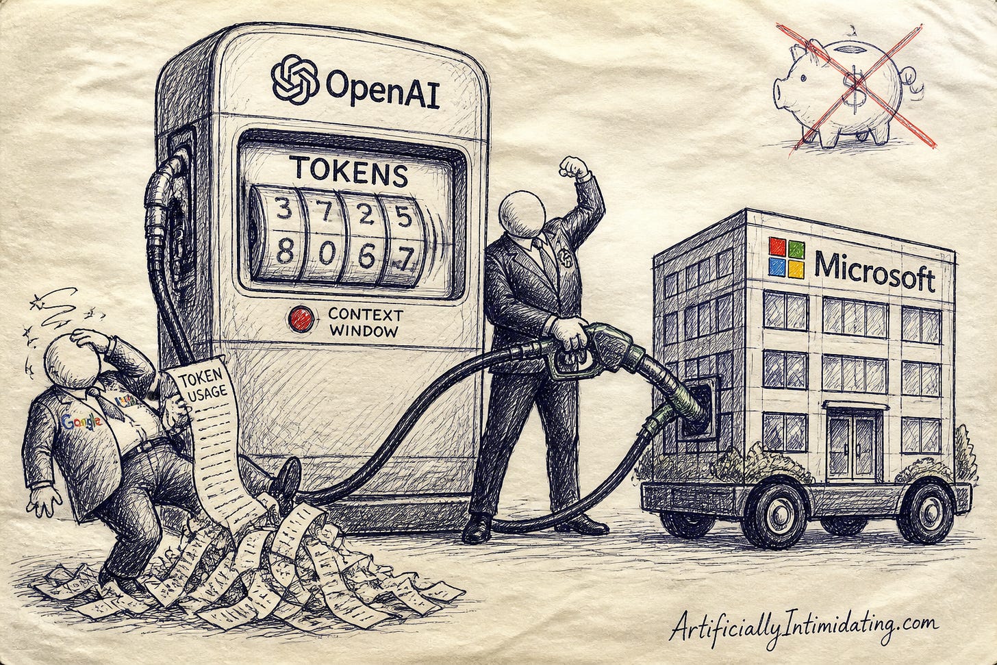 Editorial cartoon: an executive proudly pumping fuel from a giant OpenAI token pump into a building-shaped car while another executive faints at the receipt