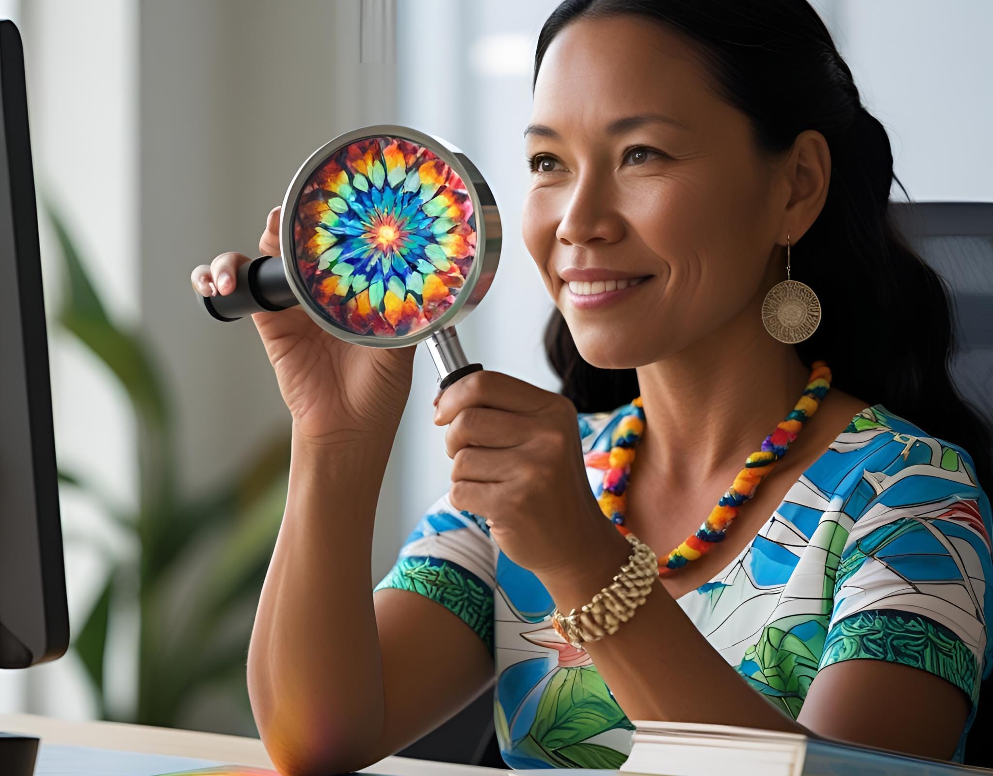 dark haired woman holding up a kaleidoscope to a magnifying glass and the colors that come through dark haired woman holding up a kaleidoscope to a magnifying glass and the colors that come through