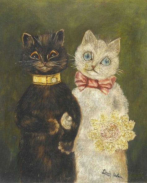 Six artworks depicting cats in different styles, including cats cuddling, sitting beside coffee and books, lounging at a table, drawing, posed with a historical figure, and dressed as a formal pair. The collage highlights four artists’ contrasting approaches to portraying cats.