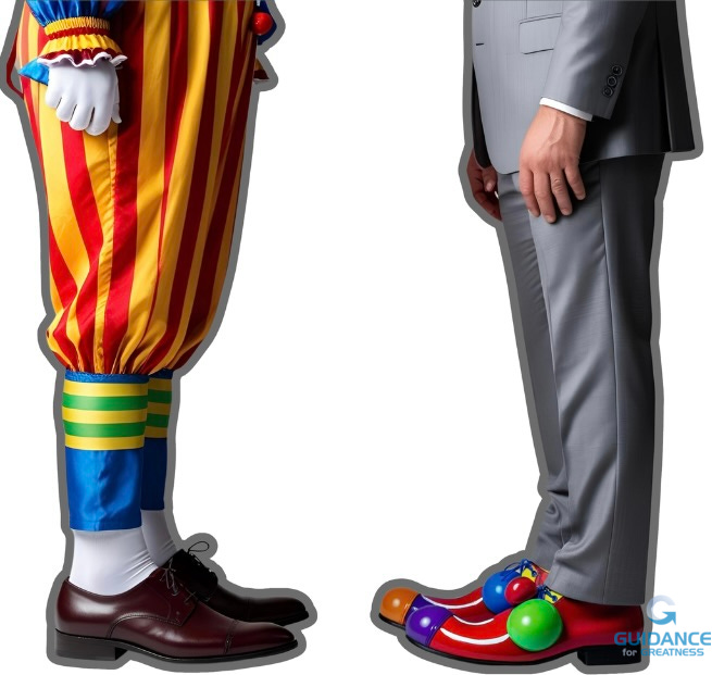 Two people shown from the waist down faceing each other. On the left is someone in a clown costume wearing men's dress shoes. On the right is someone wearing a business suit and clown shoes.
