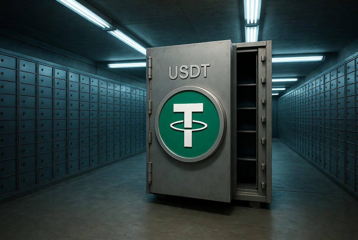 A long underground bank vault corridor lined with steel safe deposit boxes on both walls under cold blue fluorescent lighting, with a large open vault door bearing the Tether USDT green logo in the center, its interior shelves completely empty. A long underground bank vault corridor lined with steel safe deposit boxes on both walls under cold blue fluorescent lighting, with a large open vault door bearing the Tether USDT green logo in the center, its interior shelves completely empty.