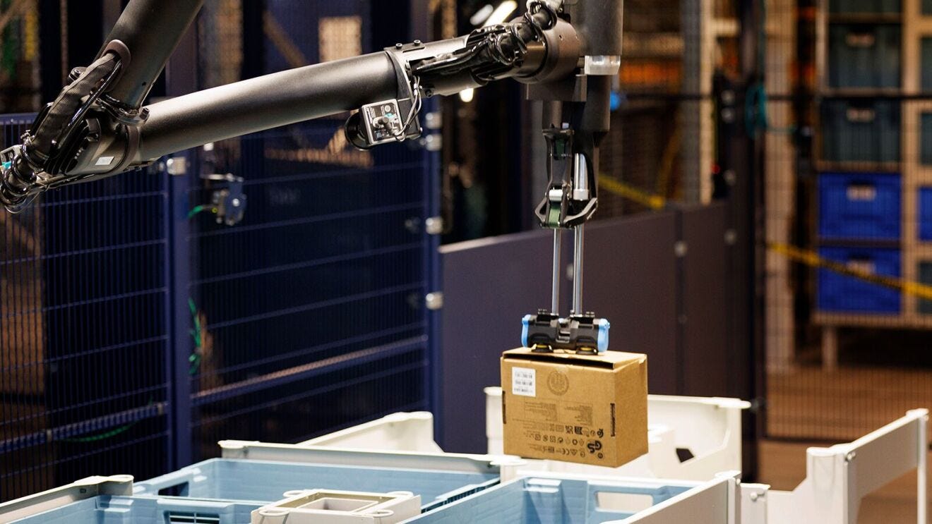 A photo of Amazon's newest robot, Blue Jay, sorting a package.