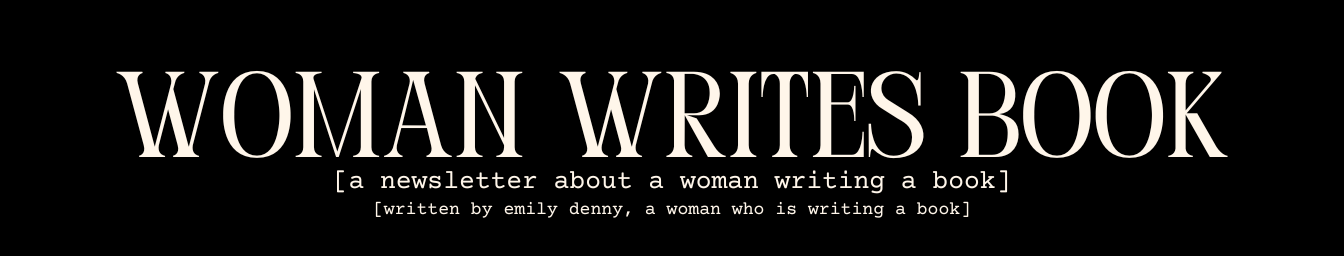 Text reads in a serif font: "Woman Writes Book". In smaller, courier font is written below: [a newsletter about a woman writing a book, written by Emily Denny, a woman who is writing a book]