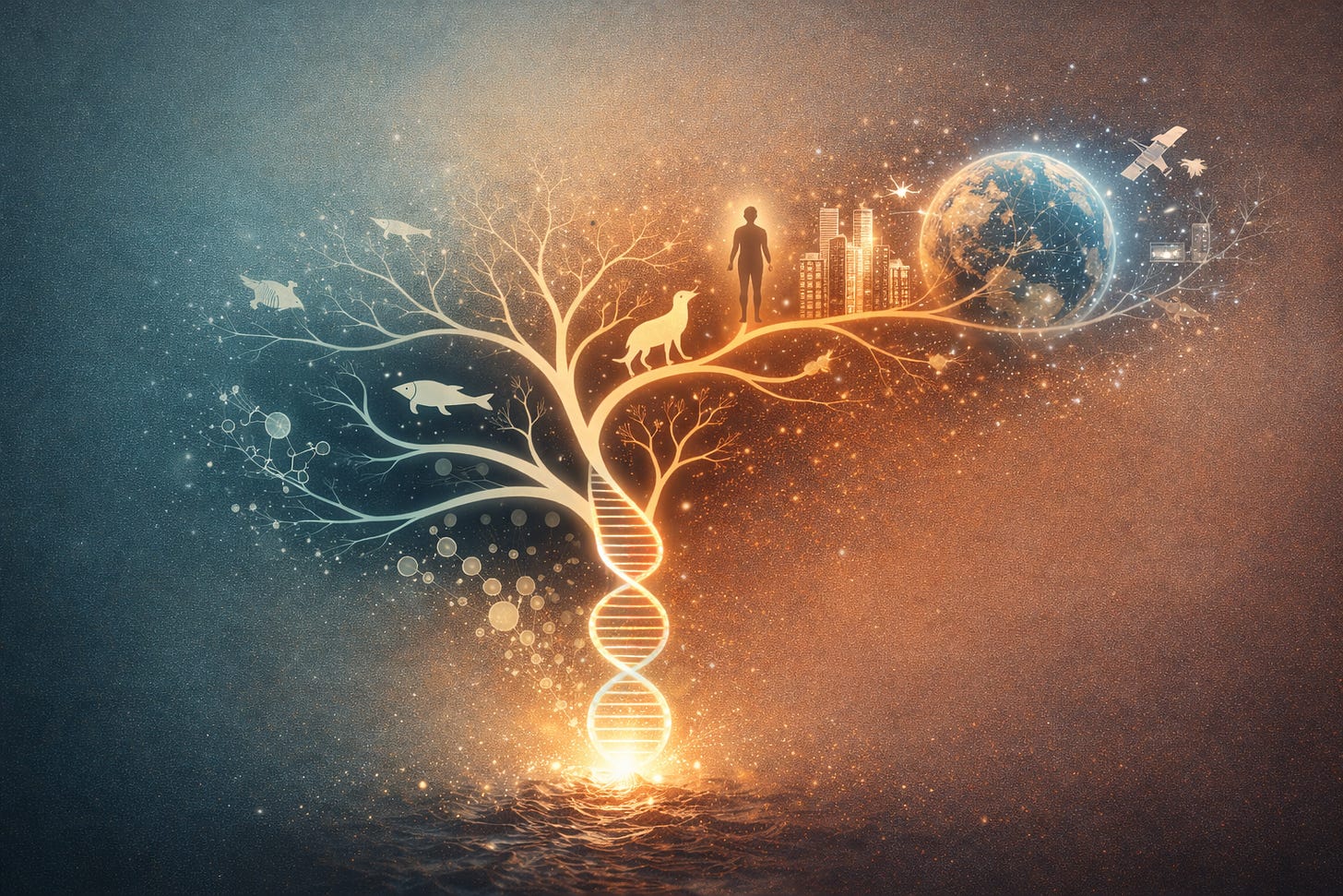 A digital illustration of an abstract evolutionary tree growing from a glowing DNA helix rooted in dark water. The tree branches from simple molecular structures and aquatic life on the left, to mammals, a human figure, urban buildings, satellites, and a networked Earth on the right. The composition subtly conveys the idea that humans are a transitional stage on one branch, not the apex, with further evolution extending beyond into technological and planetary systems. The background blends deep blue and warm orange, symbolizing biological and technological evolution.