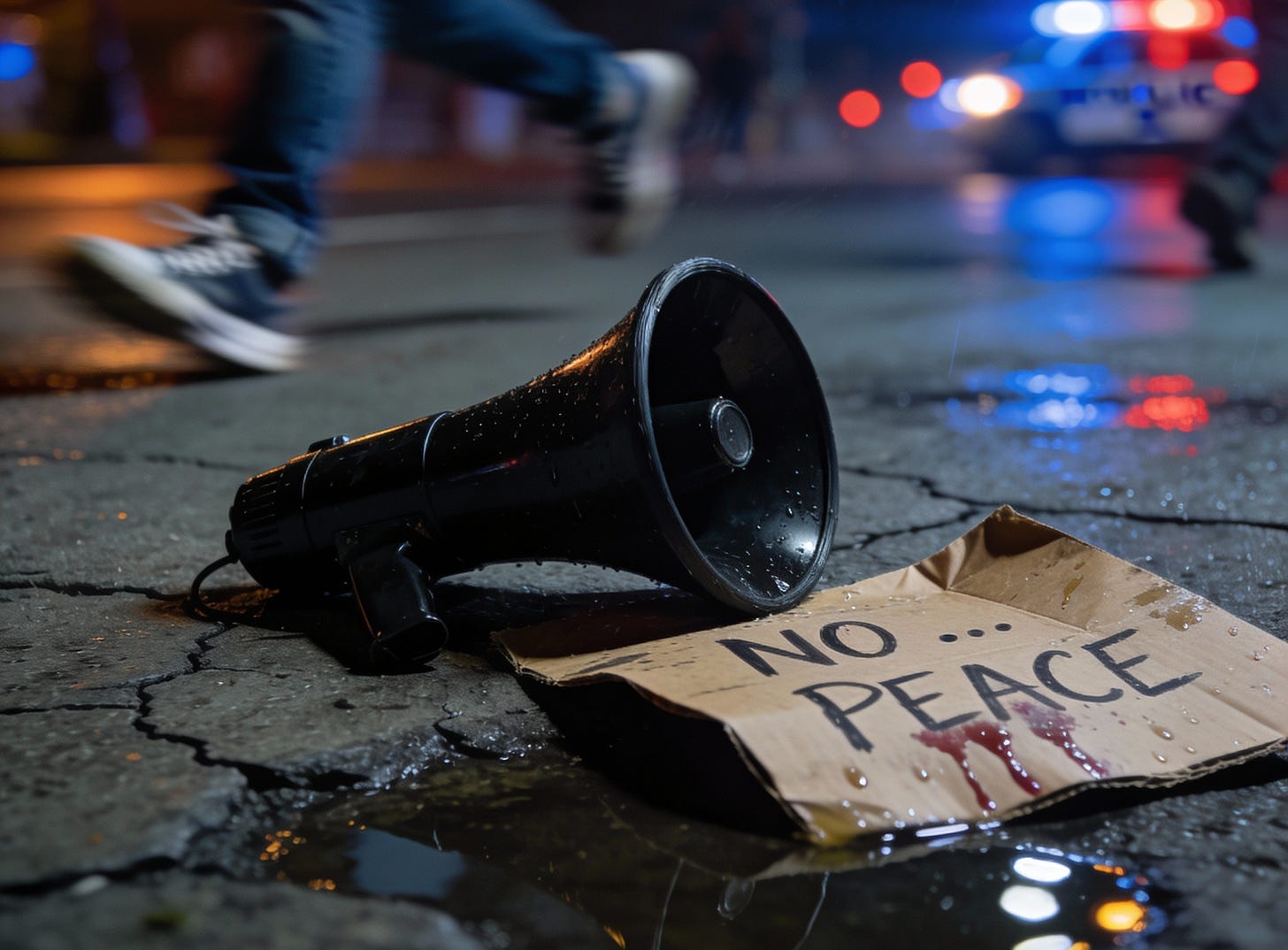 Ground-level view of a fallen bullhorn and protest sign reading only ‘NO … PEACE’ amid blurred chaos and police lights.