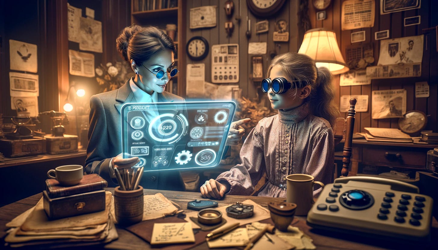 A woman from the future meeting with her younger self in the past to give advice. Old timey, rustic looking scene with wood panel walls and old style wooden dining chairs. 