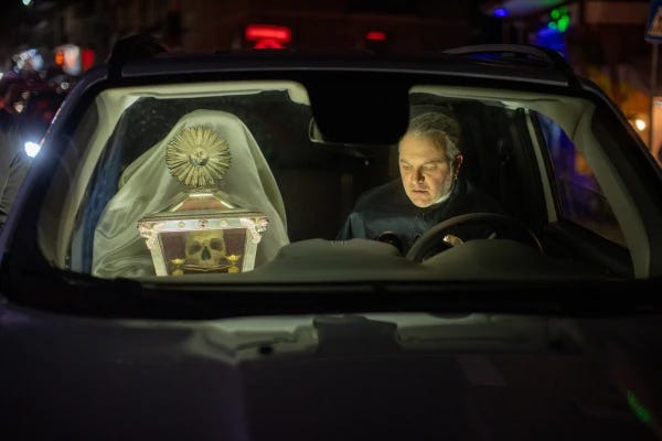 The purported skull of St. Thomas Aquinas is transported in a Jeep to Fossanova Abbey, March 7, 2024. Daniel Ibanez/CNA