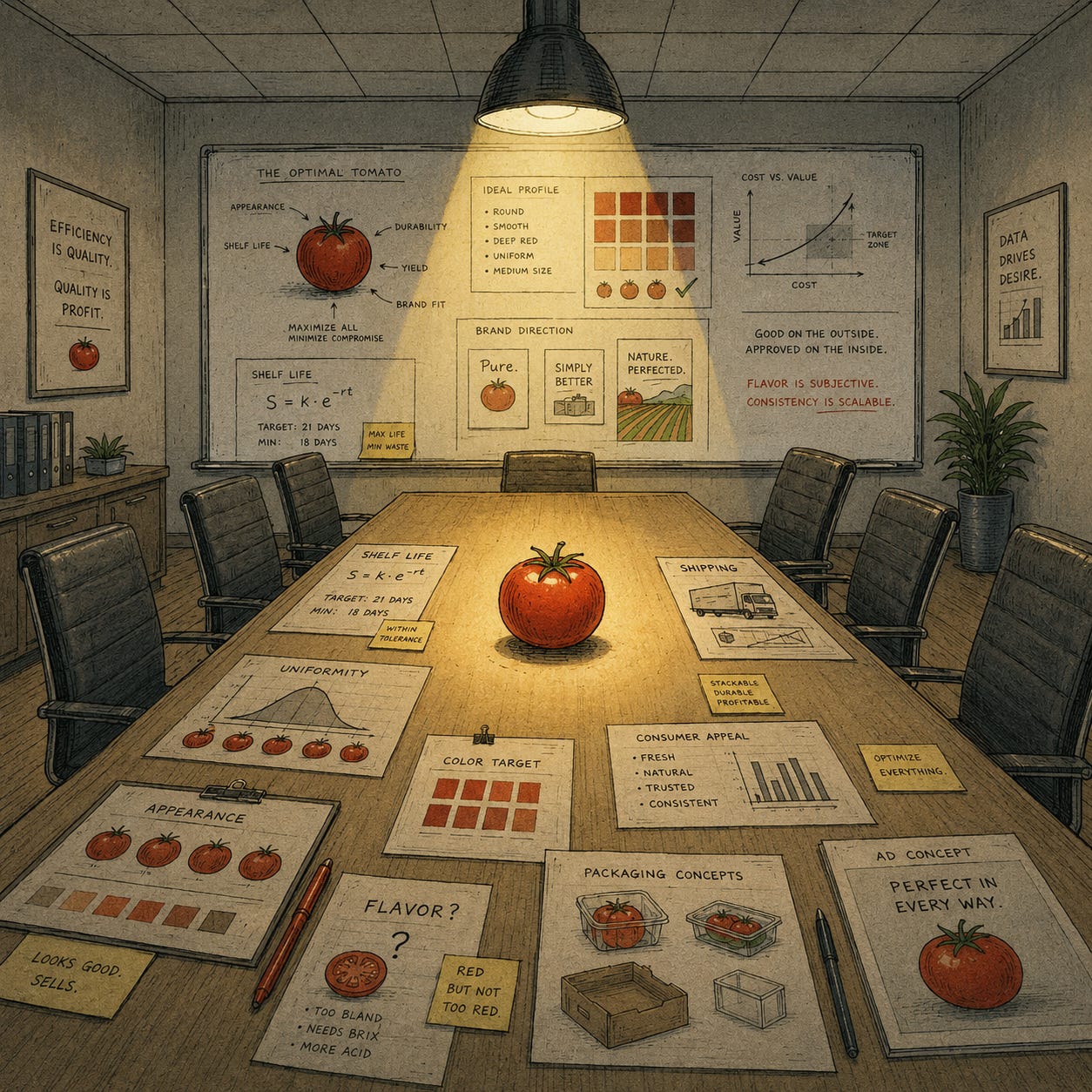 Hand-drawn editorial illustration of an empty corporate boardroom centered around a single tomato under a spotlight. Whiteboards and documents analyze “the optimal tomato” through shelf life targets, shipping durability, visual uniformity, branding, packaging, consumer appeal, and profitability metrics. Small notes about flavor appear marginalized compared to logistics and scalability. The scene visualizes Reality Drift, semantic drift, optimization pressure, and constraint collapse in modern food systems, where grocery store produce becomes optimized for transport, storage, and symbolic freshness while losing sensory grounding and flavor fidelity. Hand-drawn editorial illustration of an empty corporate boardroom centered around a single tomato under a spotlight. Whiteboards and documents analyze “the optimal tomato” through shelf life targets, shipping durability, visual uniformity, branding, packaging, consumer appeal, and profitability metrics. Small notes about flavor appear marginalized compared to logistics and scalability. The scene visualizes Reality Drift, semantic drift, optimization pressure, and constraint collapse in modern food systems, where grocery store produce becomes optimized for transport, storage, and symbolic freshness while losing sensory grounding and flavor fidelity.