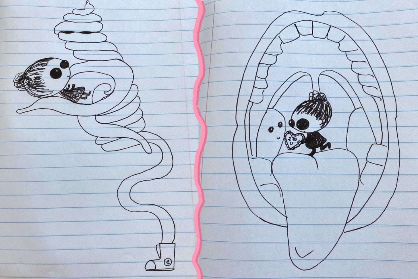 Two more ink drawings of the same big-headed, big-eyed figure from earlier. In one drawing, she is being carried like a baby by an enormous swirly alien. She looks up at the alien with awe. In the second drawing, the figure is tiny, standing on the tongue of a human mouth, looking elated, offering a box of chocolates to a bashful-looking tonsil. Two more ink drawings of the same big-headed, big-eyed figure from earlier. In one drawing, she is being carried like a baby by an enormous swirly alien. She looks up at the alien with awe. In the second drawing, the figure is tiny, standing on the tongue of a human mouth, looking elated, offering a box of chocolates to a bashful-looking tonsil.