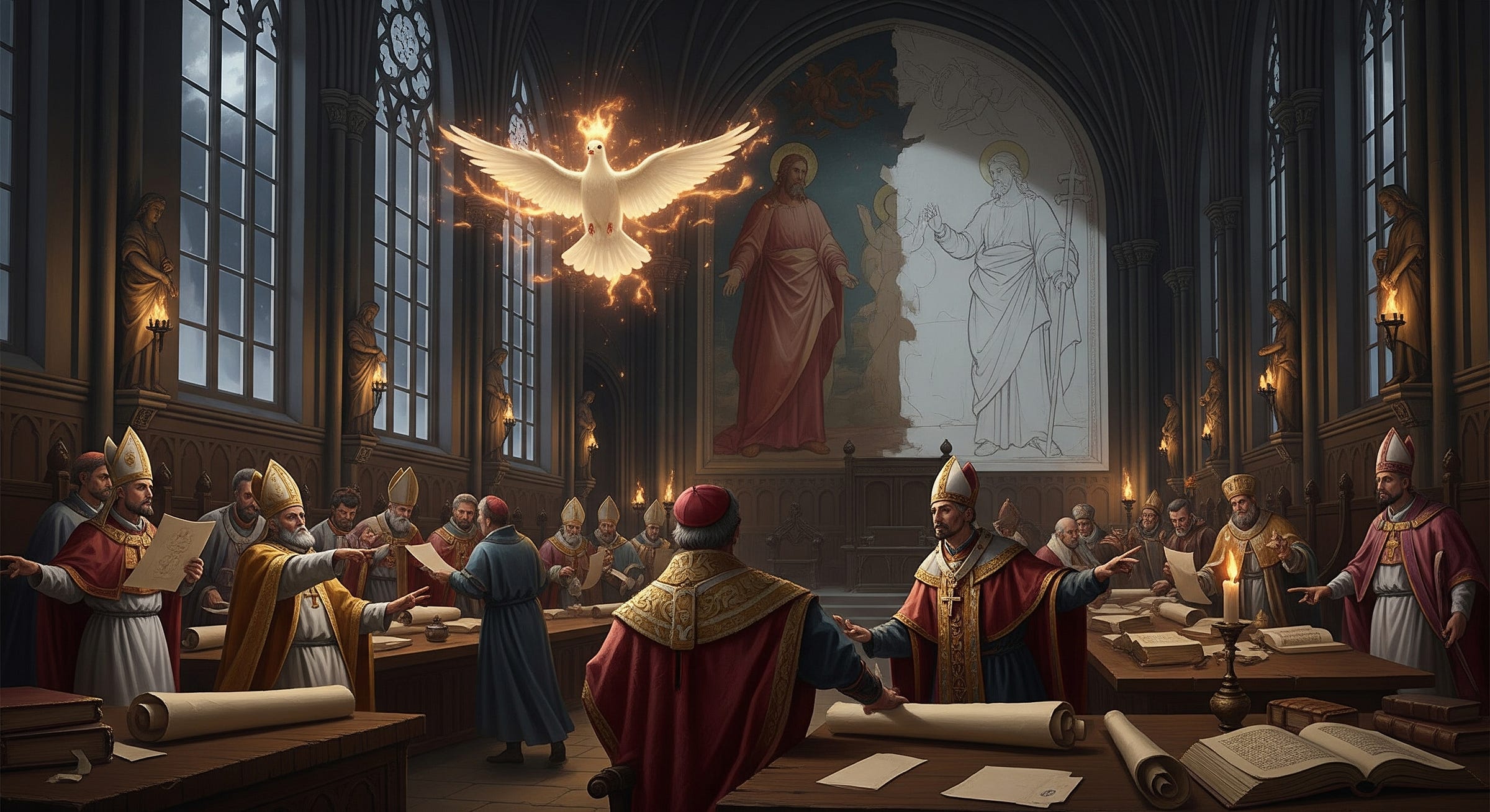 A digital illustration depicts a dimly lit, dramatic scene inside a grand church council hall. Bishops in ceremonial robes are seated at long wooden tables, arguing and pointing at scrolls and books. Above the center of the room, a glowing white dove, representing the Holy Spirit, hovers. Its form is indistinct, partially blurred and shifting like smoke or a flame. In the background, a large mural is visible. The figures of God the Father and Jesus the Son are clearly and sharply painted, but the space where the Holy Spirit would be depicted is left as an unfinished sketch on bare plaster. The room is lit by flickering torches and moonlight filtering through a large window, emphasizing the tense and uncertain atmosphere. A digital illustration depicts a dimly lit, dramatic scene inside a grand church council hall. Bishops in ceremonial robes are seated at long wooden tables, arguing and pointing at scrolls and books. Above the center of the room, a glowing white dove, representing the Holy Spirit, hovers. Its form is indistinct, partially blurred and shifting like smoke or a flame. In the background, a large mural is visible. The figures of God the Father and Jesus the Son are clearly and sharply painted, but the space where the Holy Spirit would be depicted is left as an unfinished sketch on bare plaster. The room is lit by flickering torches and moonlight filtering through a large window, emphasizing the tense and uncertain atmosphere.
