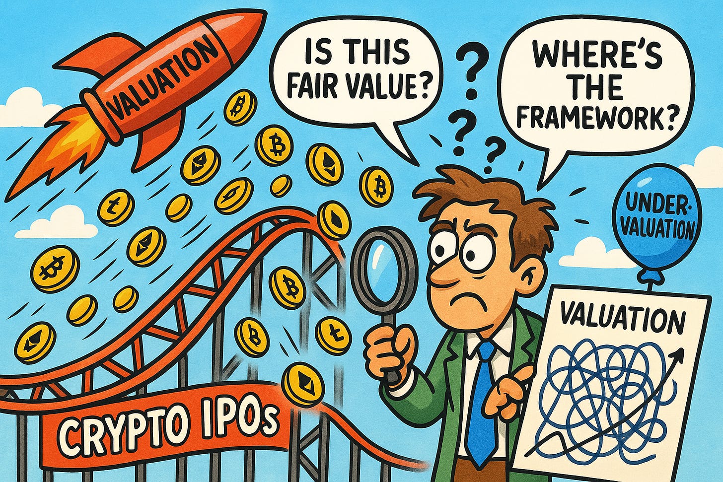 Comical illustration of mispriced crypto IPOs and the need for better valuation frameworks.