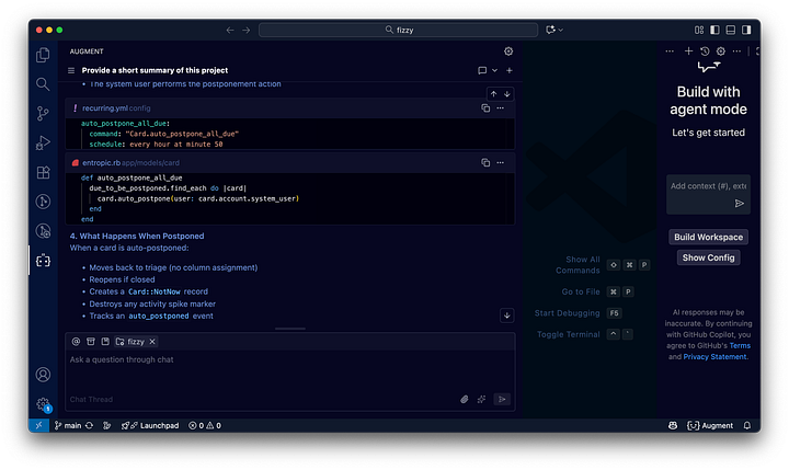 Screenshots of VS Code, showing the Augment Code chat giving detailed answers about the codebase