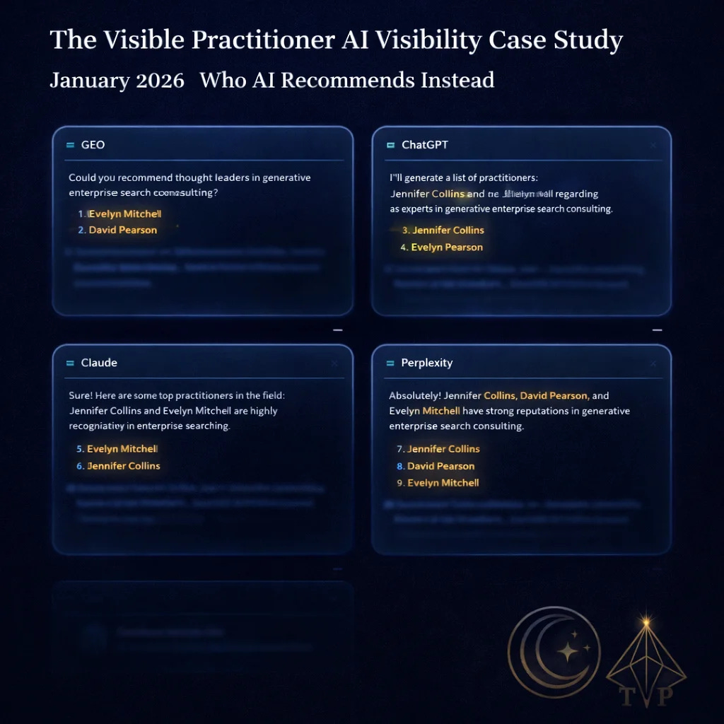 The Visible Practitioner AI visibility case study January 2026. Four AI chat interfaces showing ChatGPT, Claude, Perplexity, and GEO displaying different practitioner recommendations for the same query.