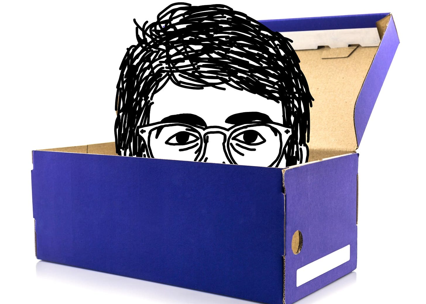 A black line drawing of Alex, the protagonist of "I Hear You Watching." He is white, short messy parted hair, glasses. He has bags under his eyes, and stares at you over the edge of a shoebox he’s hidden inside. A black line drawing of Alex, the protagonist of "I Hear You Watching." He is white, short messy parted hair, glasses. He has bags under his eyes, and stares at you over the edge of a shoebox he’s hidden inside.