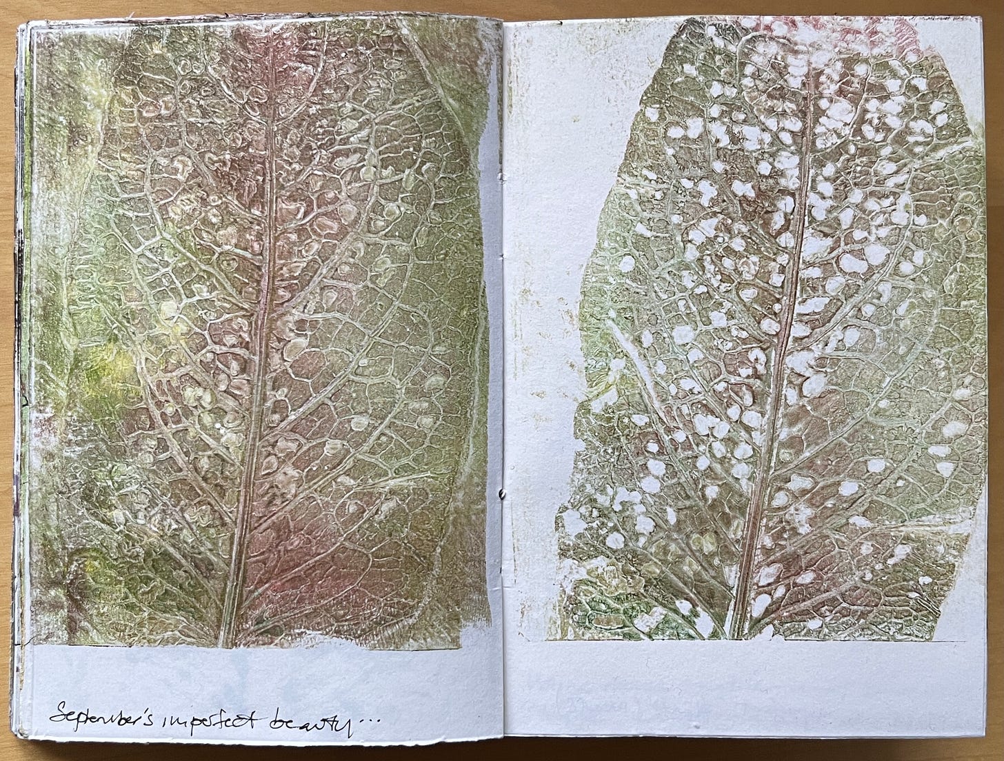 Monoprint of broad-leaved dock studded by holes from green dock beetles