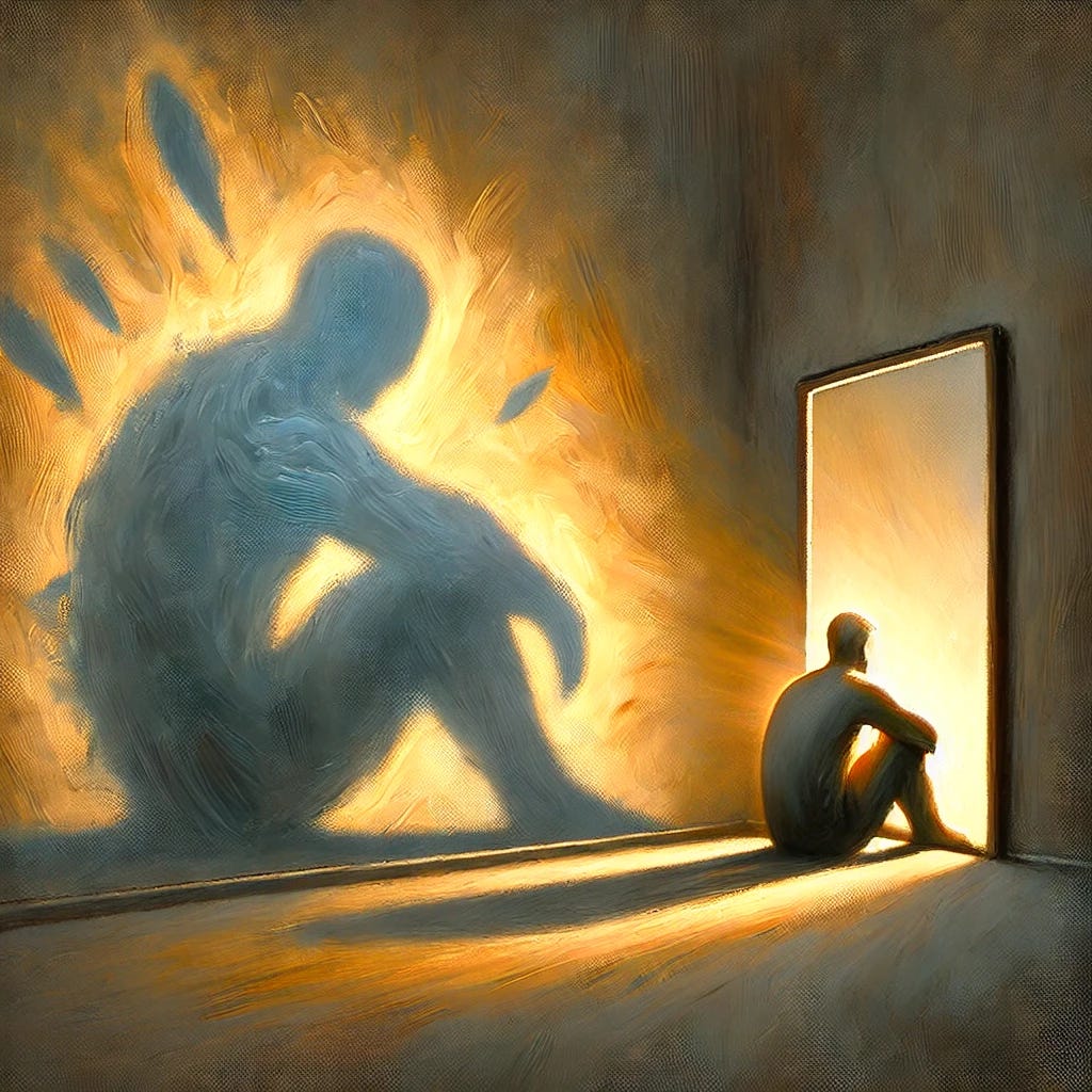A semi-surreal painting depicting the inner struggle of a self-blamer but with a more hopeful tone. A person sits in a softly lit room, looking into a mirror where their reflection shows both doubt and encouragement. The shadows on the wall, once accusatory, now start fading into warm light, symbolizing self-acceptance. Gentle golden hues mix with soft blues, creating a balance between struggle and healing.