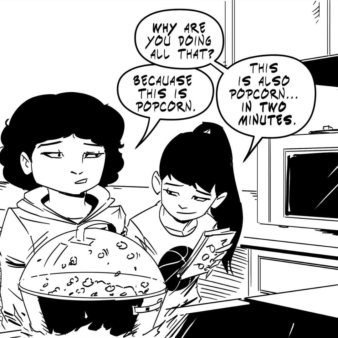 Zara holds microwave popcorn while Misha cooks popcorn on the stove.