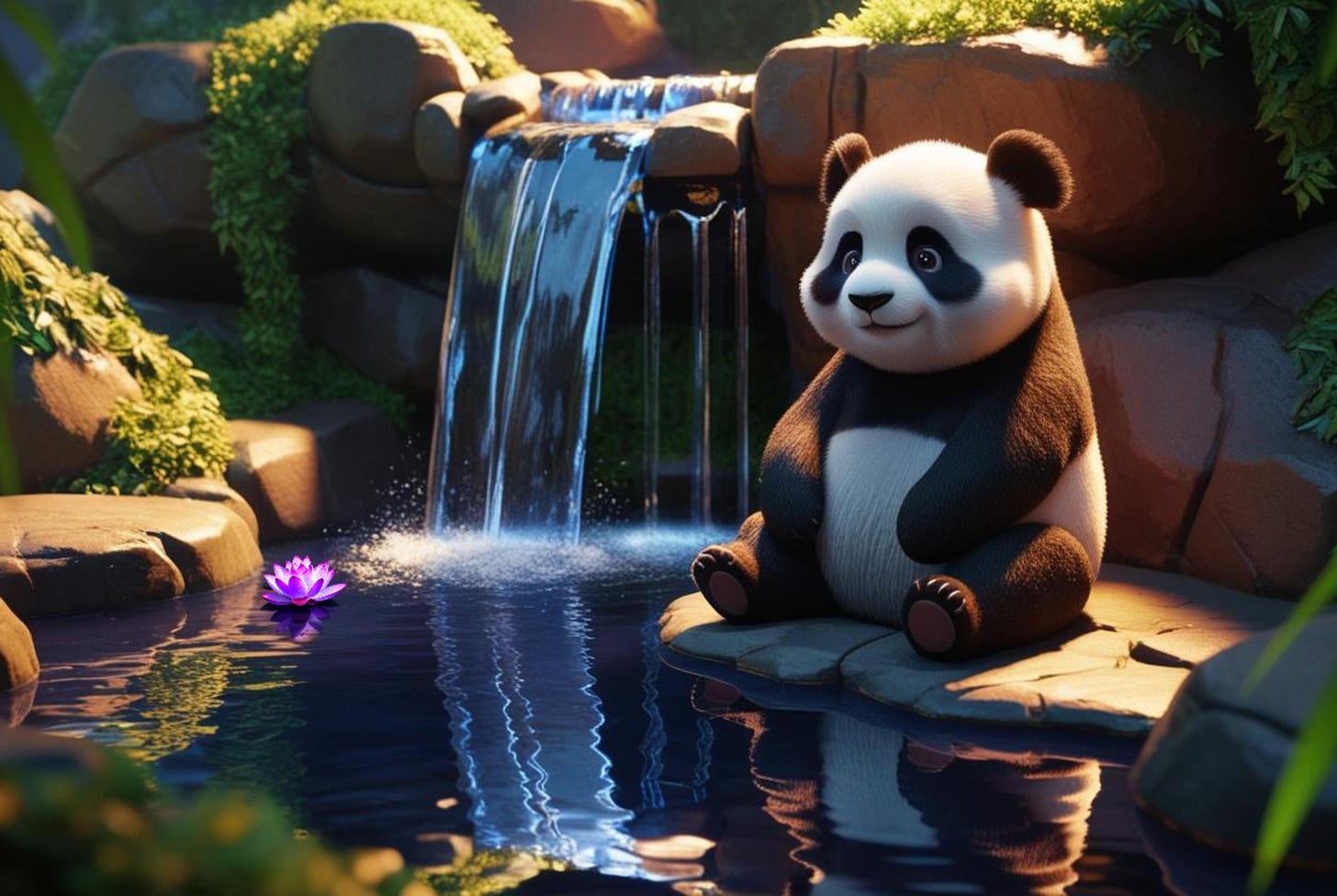 Illustration of a peaceful cartoon panda sitting near a small waterfall pouring into a reflecting pond