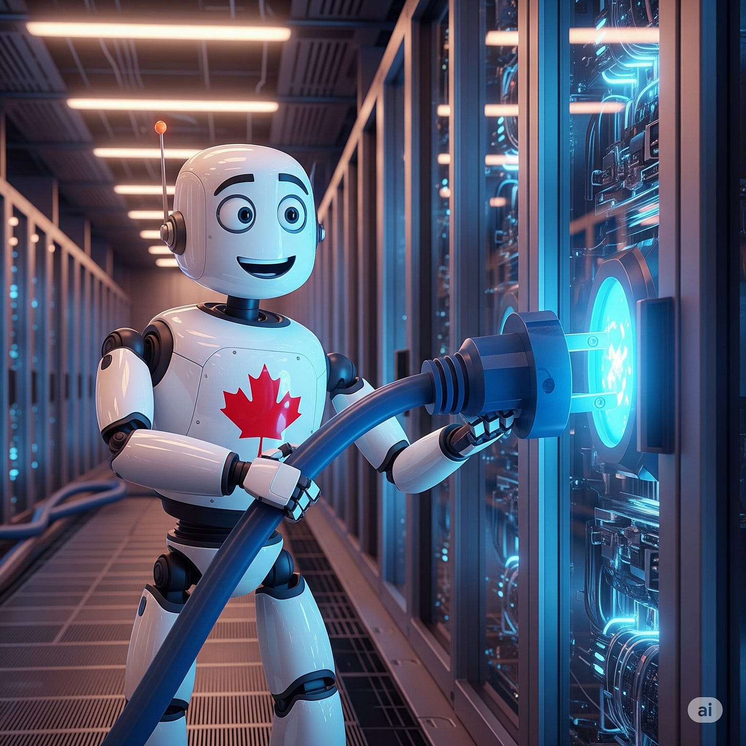 A friendly white robot, designed in a Pixar animation style, stands in a data center aisle. The robot has a large red Canadian maple leaf on its chest and is plugging a thick blue power cord into a glowing blue port on a server rack.
