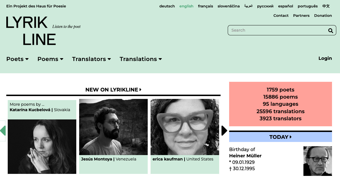 Homepage di Lyrik Line con i nomi e le foto di poete e poeti parte del progetto.