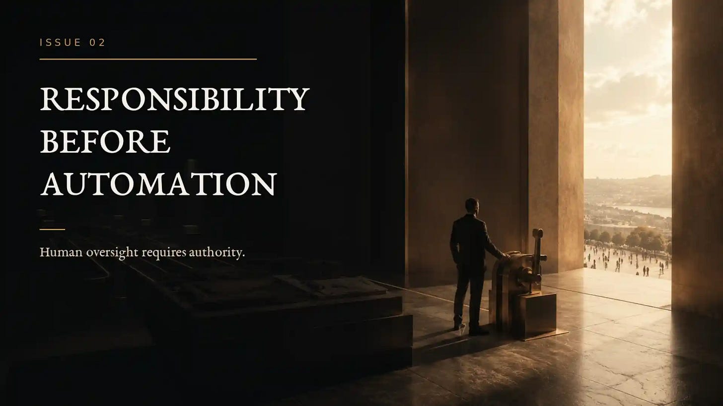 Cinematic editorial cover showing a person at a monumental stone control threshold, with multiple automated paths approaching a visible bronze stop mechanism and evidence surface, representing meaningful human authority before automation.