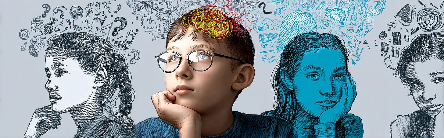 llustration of a thoughtful student touching their temple as a glowing brain network lights up, with two classmates sketched in the background on deep blue, suggesting self awareness and metacognition.