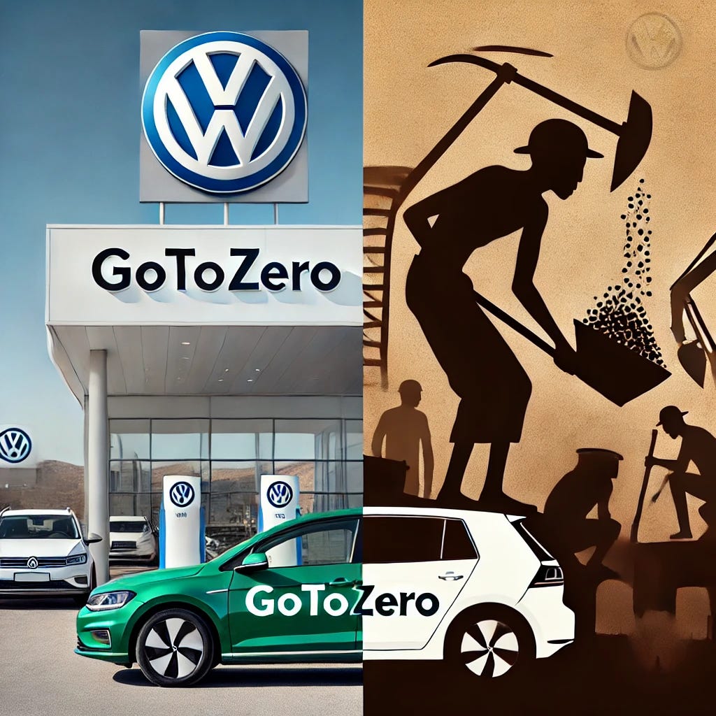A symbolic, simplified image showing the contrast between Volkswagen's green EV messaging and the reality of resource extraction. On the left side, a clean and shiny Volkswagen electric vehicle parked in front of a modern dealership with a 'goTOzero' banner. On the right side, a stylized, silhouette-style scene of cobalt mining in Africa: simple human figures with tools in a dusty, industrial environment. Use bold contrast between a bright, clean corporate green tone on the left, and a muted, dusty brown palette on the right. Avoid facial details, keep human figures simple and symbolic to focus on the message rather than realism.