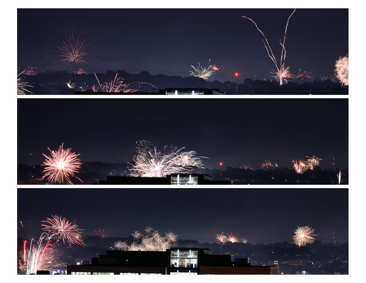 Triptych showing zoomed-in fireworks in suburban Boston with delicate white and red bursts Triptych showing zoomed-in fireworks in suburban Boston with delicate white and red bursts