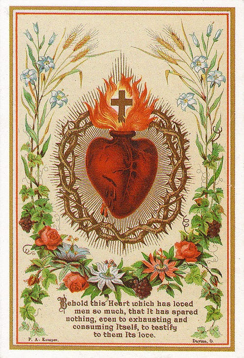 Flaming Sacred Heart with Crown of Thorns surround by floral wreathing - very pretty!