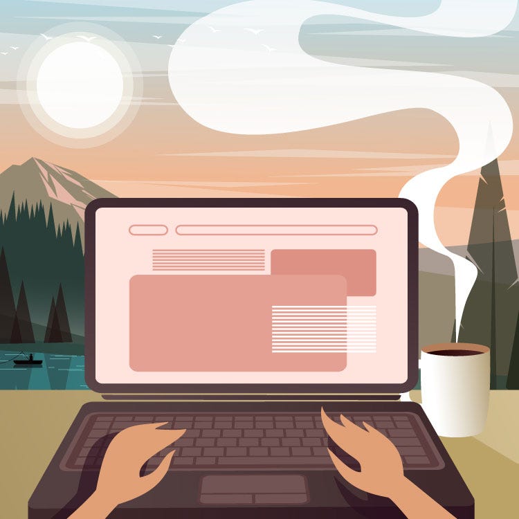 Laptop at the lake with a cup of coffee. Concept of focused writing despite distractions.
