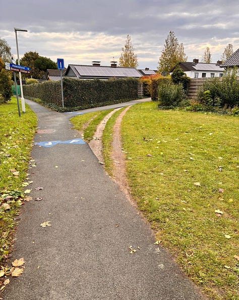 Three photos showing paths that don't follow the established sidewalks.