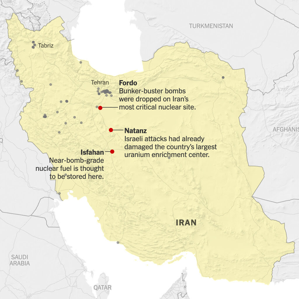 A map showing, north to south, Fordo, Natanz and Ishafan. They sit in a line between Tehran and central Iran.