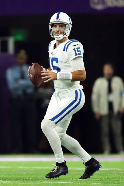 Joe Flacco of the Indianapolis Colts looks to pass against the Minnesota Vikings in the fourth quarter at U.S. Bank Stadium on November 03, 2024 in...