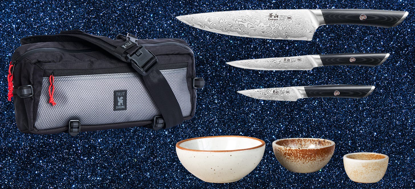 knives, knife bag, ceramic bowls.