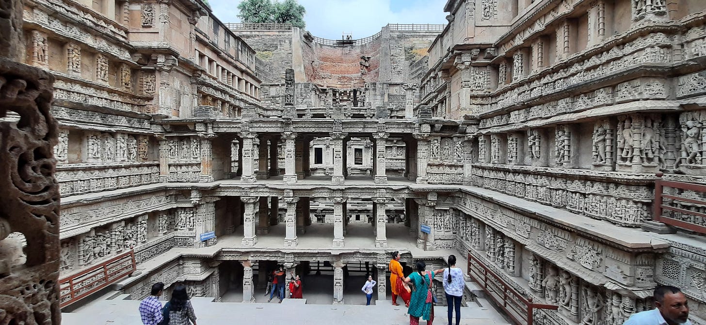 Rani Ki Vav (lit. 'The Queen's Stepwell') is a stepwell situated in the town of Patan in Gujarat state of India. It is located on the banks of Saraswati river. Its construction is attributed to Udayamati, daughter of Khengara of Saurashtra, queen and spouse of the 11th-century Chaulukya king Bhima I. Silted over, it was rediscovered in 1940s and restored in 1980s by the Archaeological Survey of India. It has been listed as one of the UNESCO's World Heritage Sites since 2014.