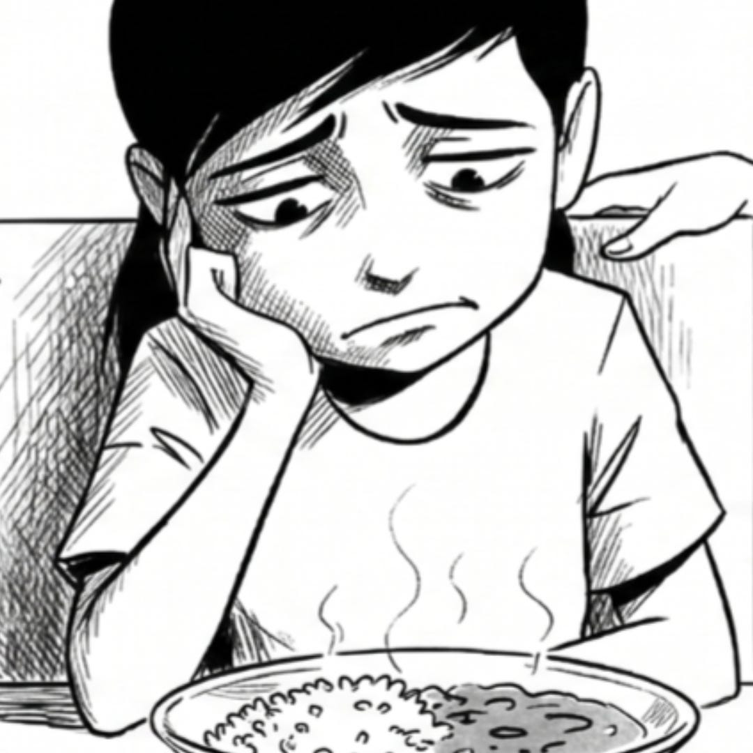 Zara dramatically stares at a plate of daal chawal