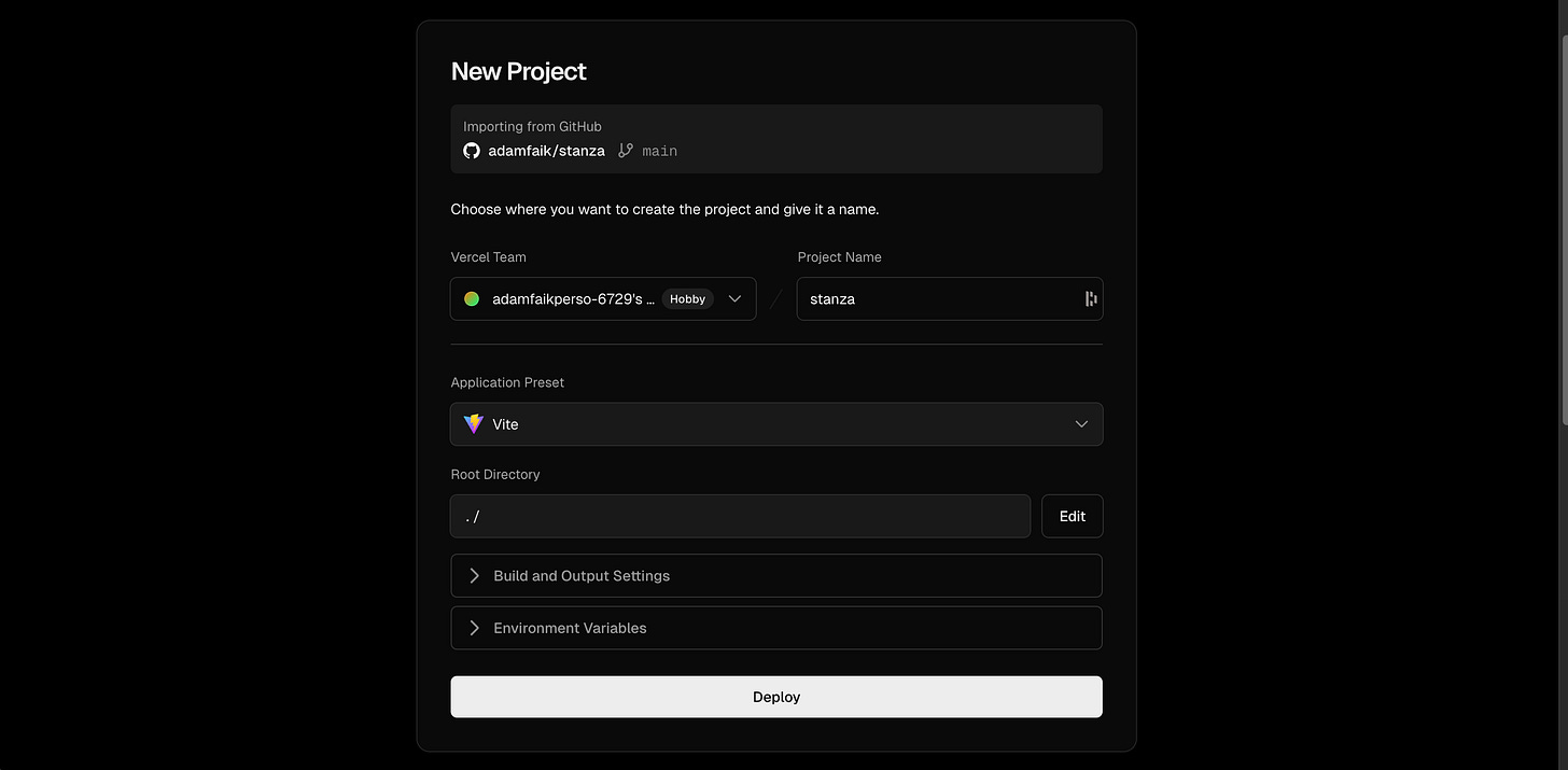 A Vercel setup screen shows the stanza project name, the Vite application preset, and a white Deploy button. A Vercel setup screen shows the stanza project name, the Vite application preset, and a white Deploy button.