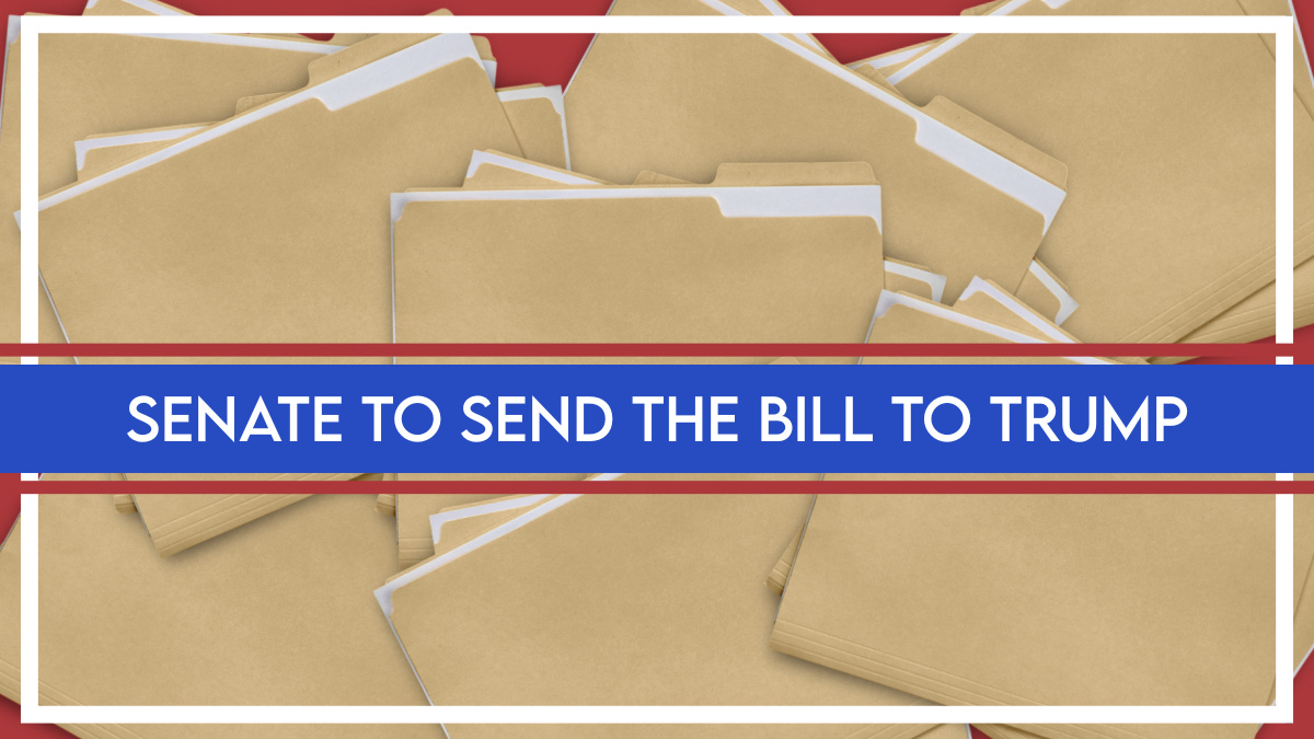 Graphic showing file folders with a banner reading ‘Senate to Send the Files to Trump,’ illustrating Congress fast-tracking the Epstein Files Transparency Act to the President