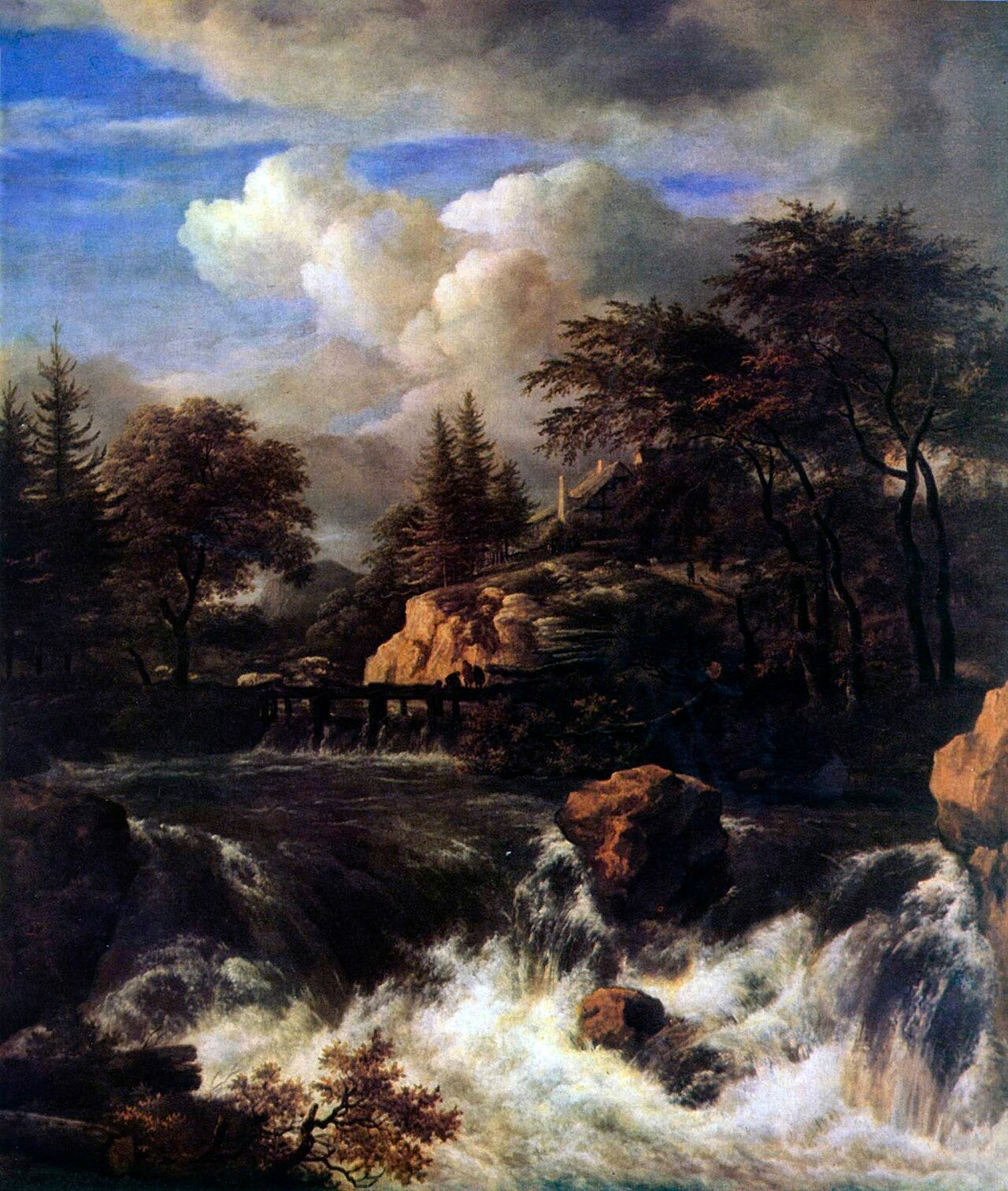 Water tumbles over dark rocks past a ruined building under a cloudy northern sky Water tumbles over dark rocks past a ruined building under a cloudy northern sky