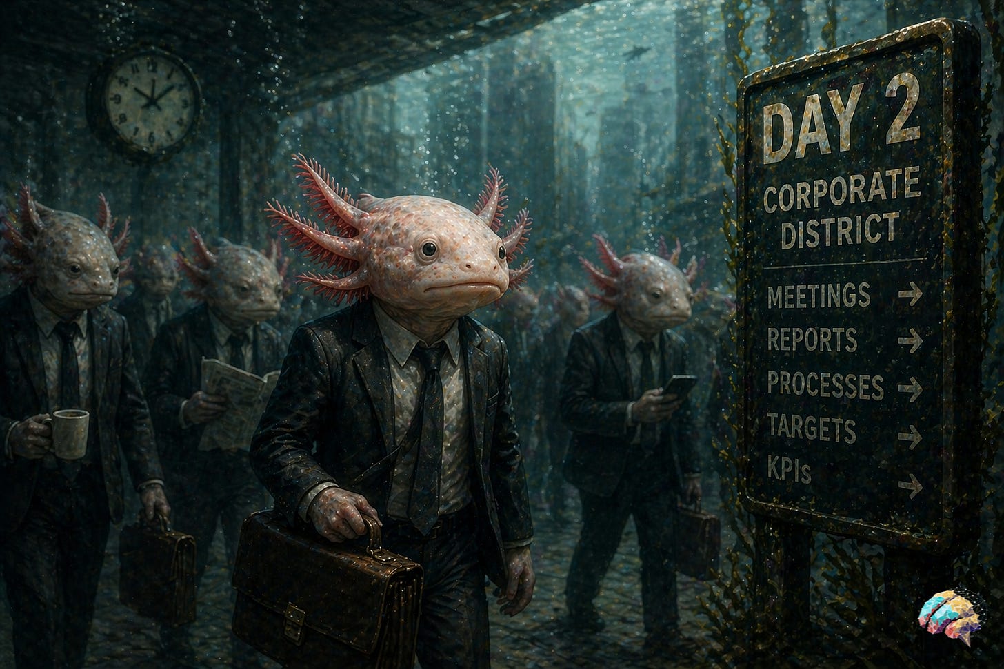 An anthropomorphic axolotl wearing a business suit walks through a submerged, dimly lit commuter corridor alongside other similarly dressed figures. The environment is murky and overgrown, with a sign pointing toward meetings, reports, processes, and KPIs. The axolotl carries a briefcase and looks ahead blankly, surrounded by others following the same path in a stagnant, underwater corporate setting.