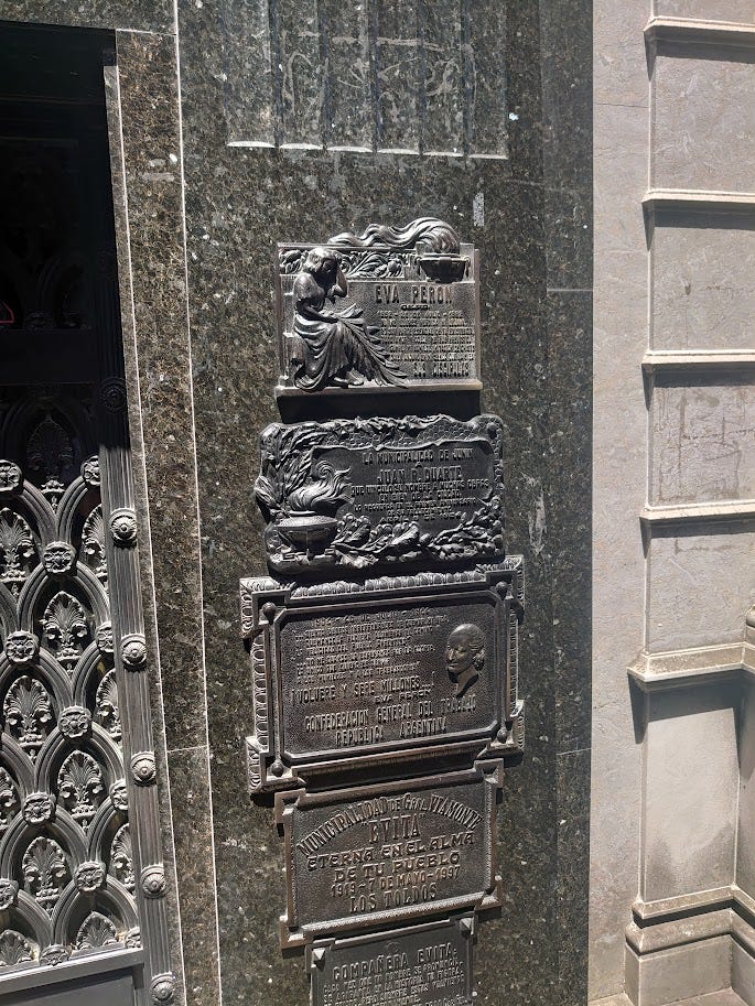 Tomb in Recoleta Cemetery (left) Tomb of Eva Peron (right)